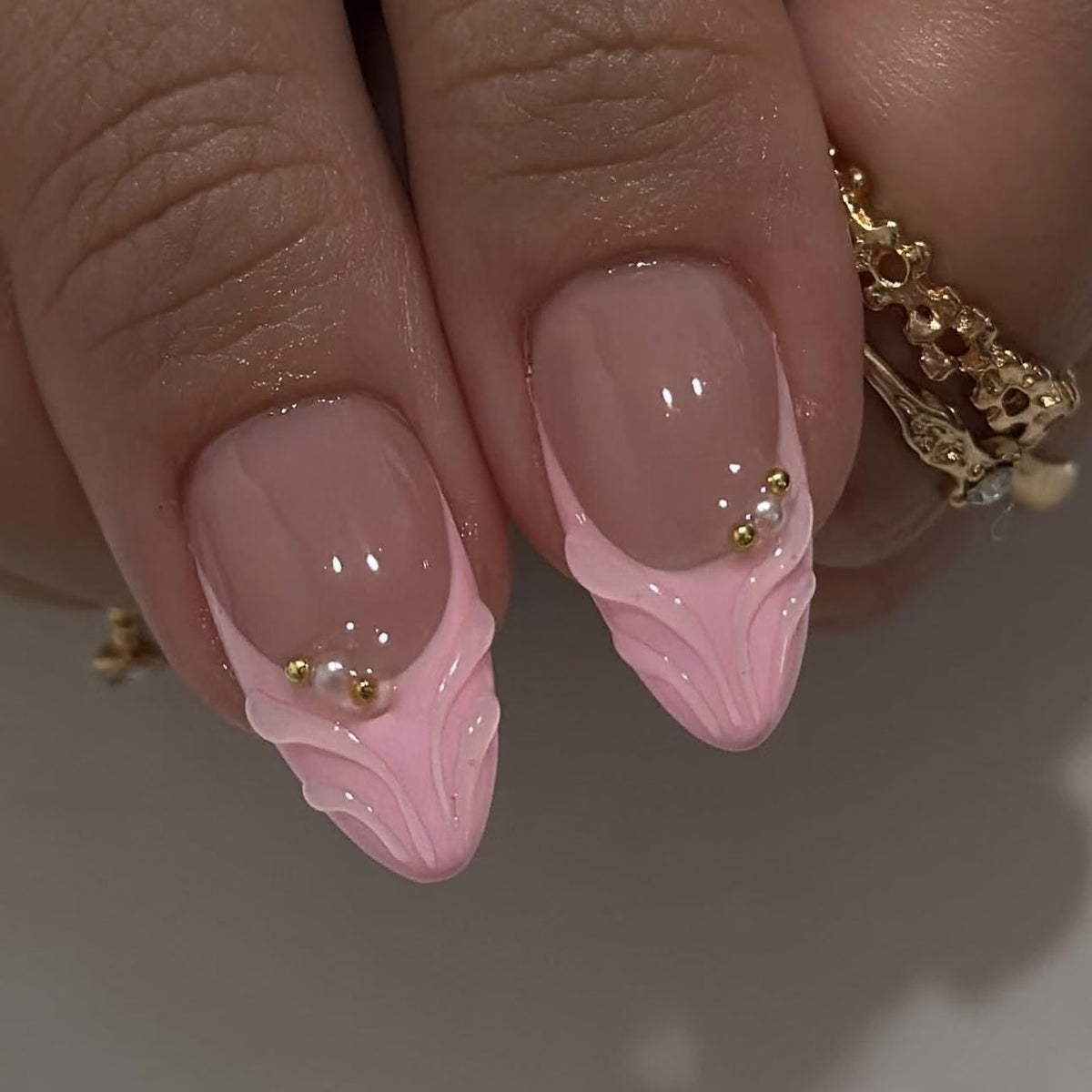 853 Pink Flower Frenchies Almond Nails