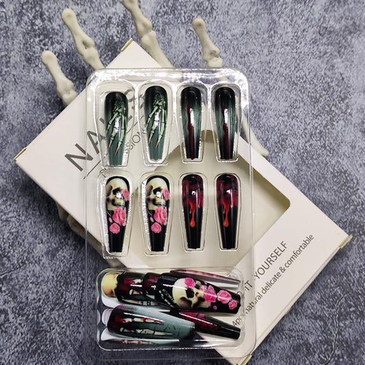 209 Skeleton Rose Almond Stiletto Nails