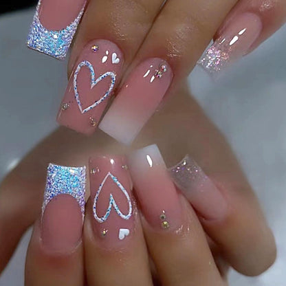 847 "I heart u" Pink Glitter French Nails