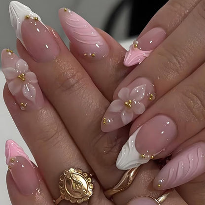 853 Pink Flower Frenchies Almond Nails