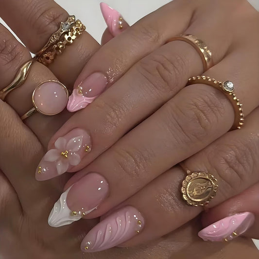 853 Pink Flower Frenchies Almond Nails