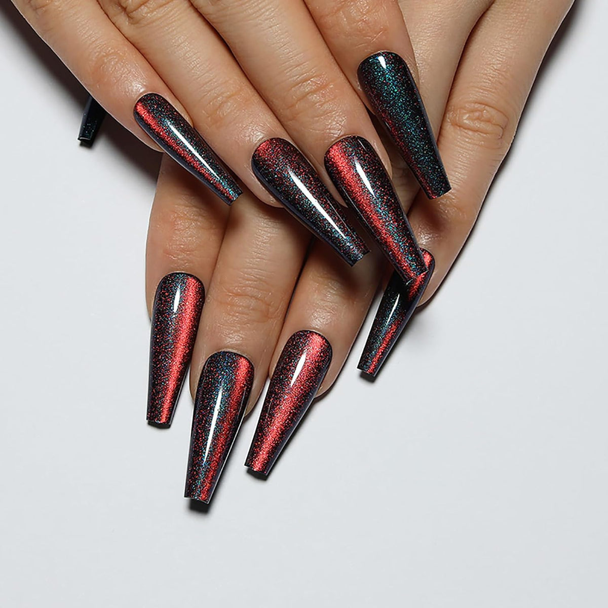 914 Blue, Red & Black Velvet Glitter Coffin Nails