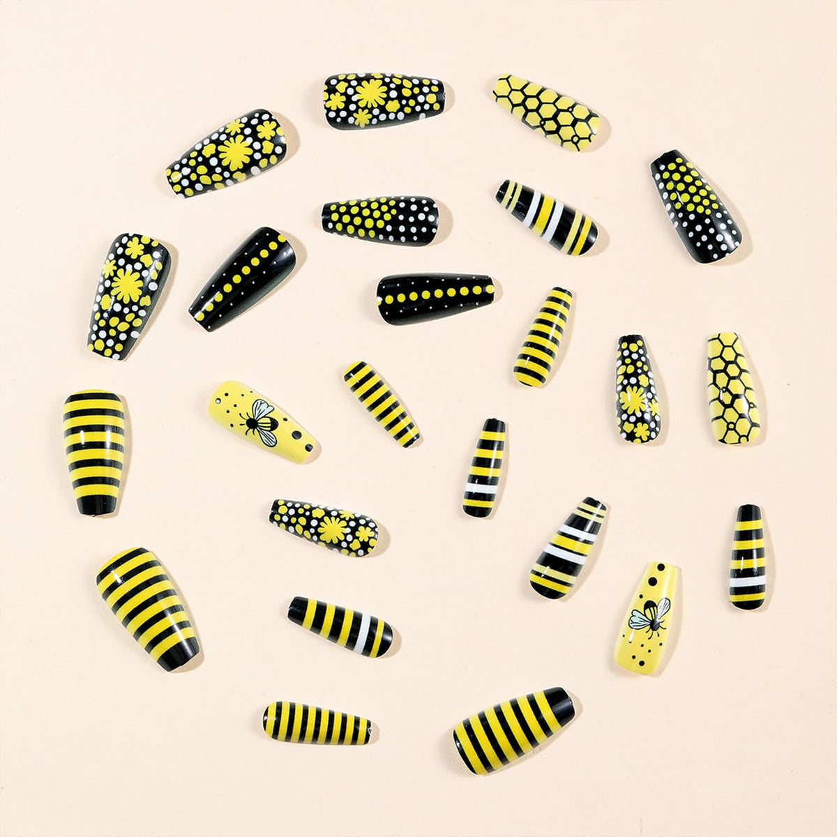 832 Yellow Polka Dotted Bees Coffin Nails