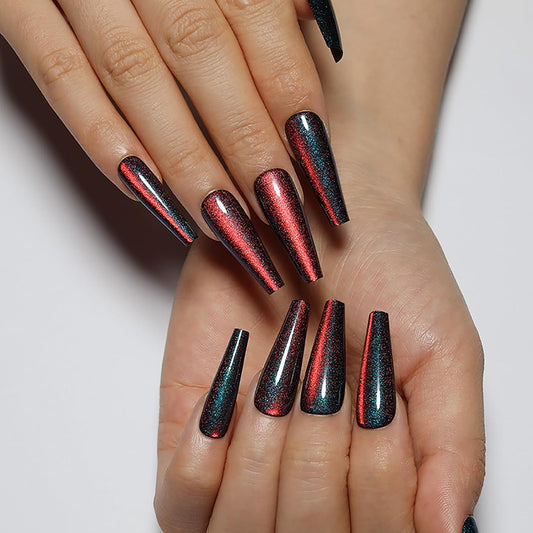 914 Blue, Red & Black Velvet Glitter Coffin Nails