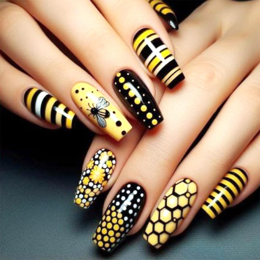 832 Yellow Polka Dotted Bees Coffin Nails