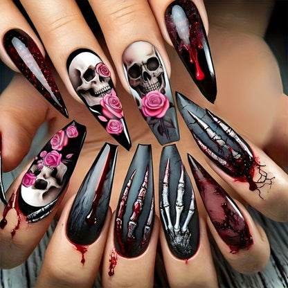 209 Skeleton Rose Almond Stiletto Nails