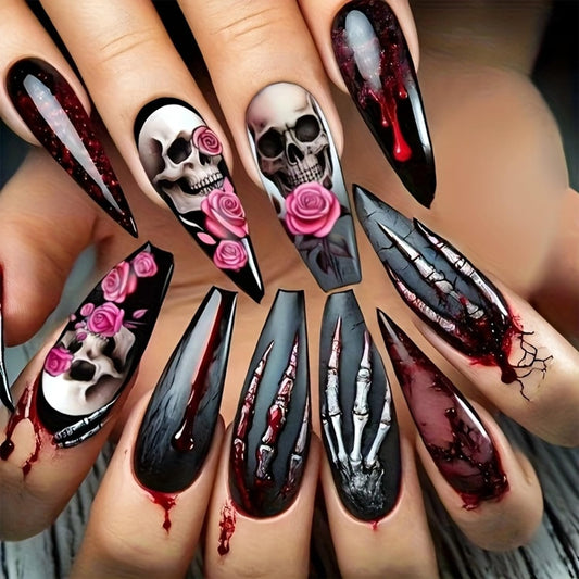 209 Skeleton Rose Almond Stiletto Nails