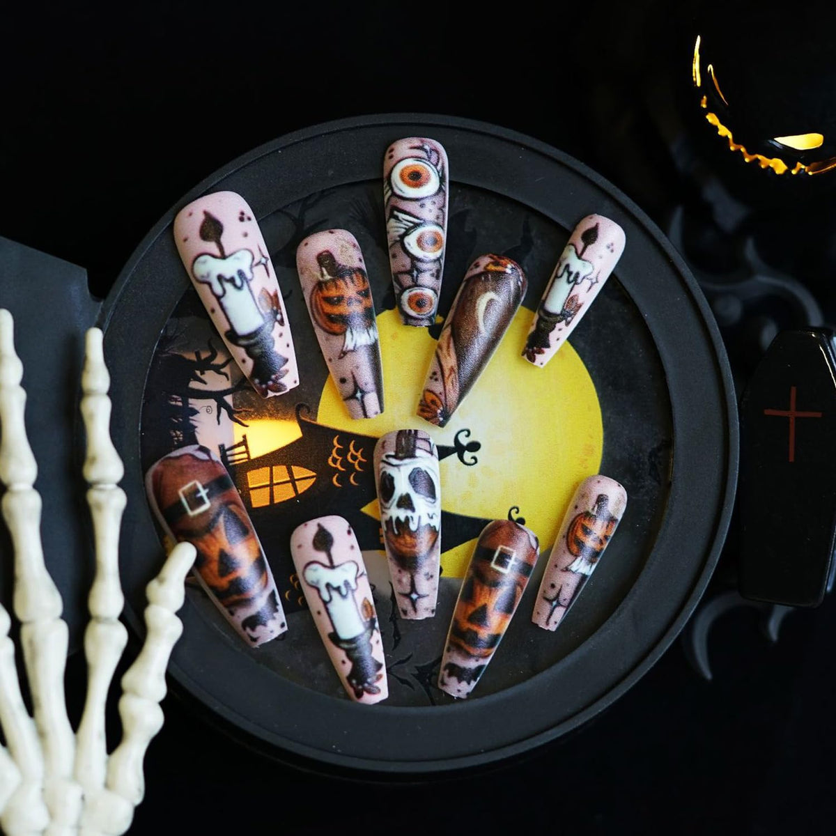 142 Candy Corn Evil Eye Stiletto Nails